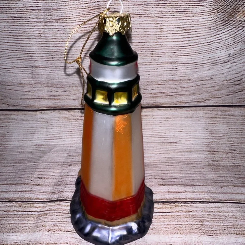 Blown Glass Shore Tower Lighthouse Christmas‎ Ornament Nautical Sea Ornament